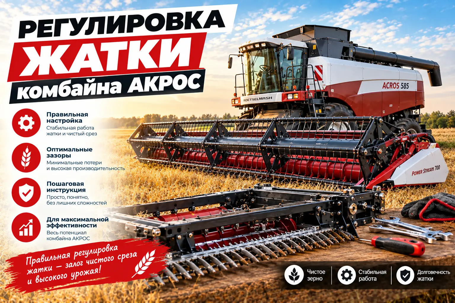 Регулировка жатки комбайна Акрос