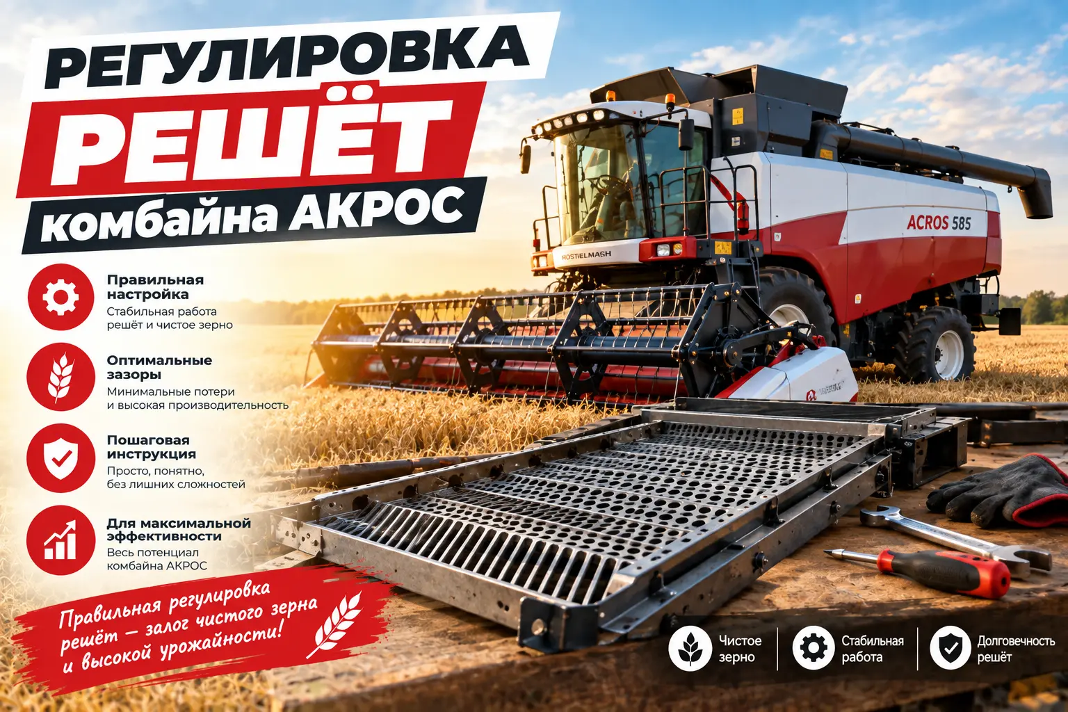 Регулировка решёт комбайна Акрос